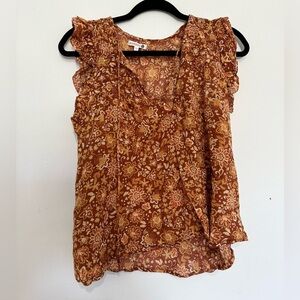 Sundry Brown Yellow Ruffle Sleeve Blouse Top Floral 1 (S) 4-6 Lightweight
